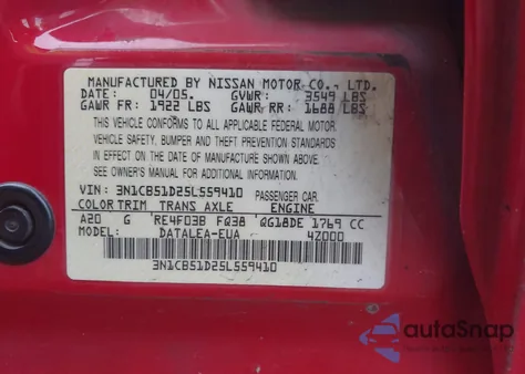 2005 Nissan Sentra 1.8S from USA, damaged, VIN 3N1CB51D25L559410
